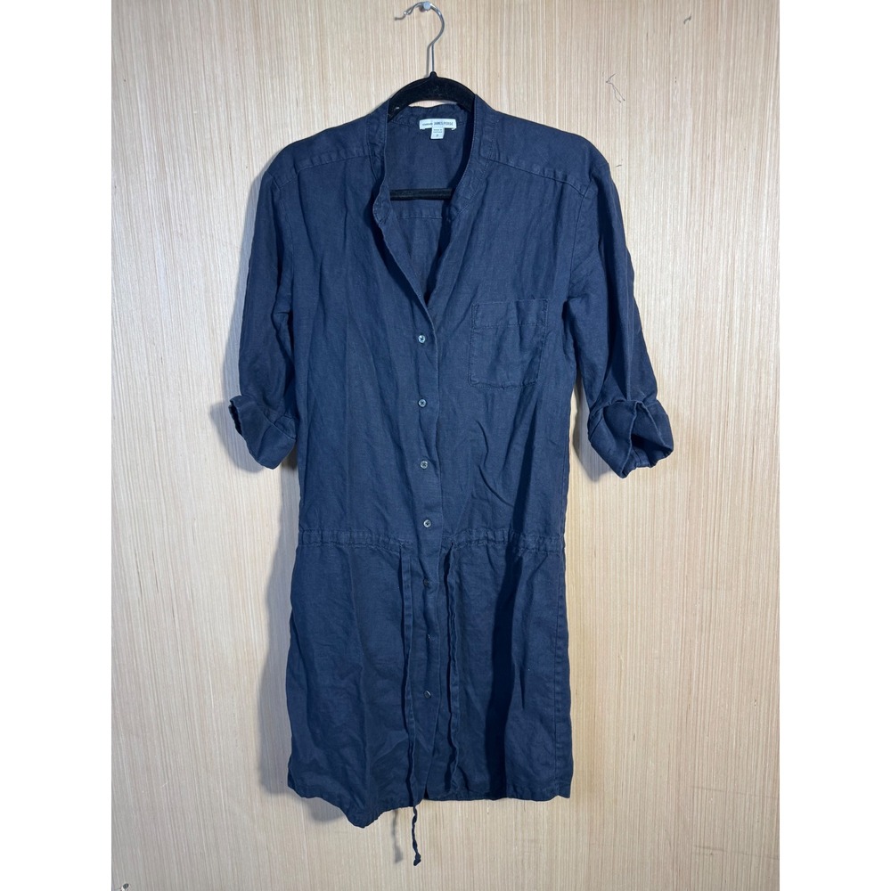 James Perse Standard Navy Blue 100% Linen Button Down Shirt Dress WDCH6582CU 2 M